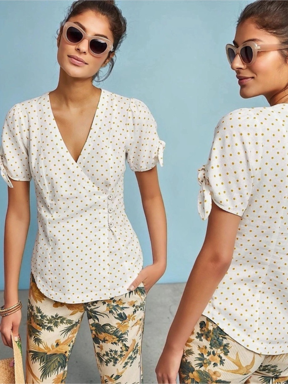 Anthropologie Maeve Women’s Yellow Polka Dot Tie Sleeve Louise Wrapped Blouse XS